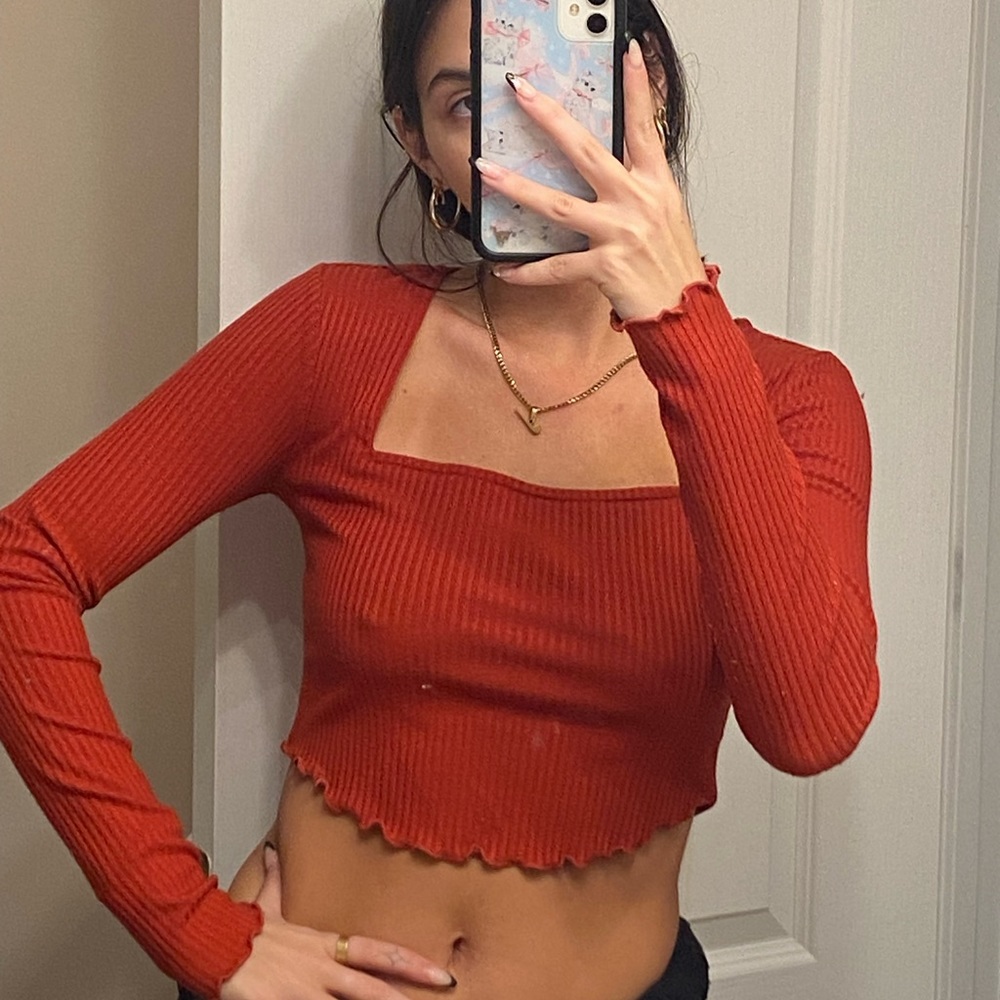 square neck red long sleeve crop top
